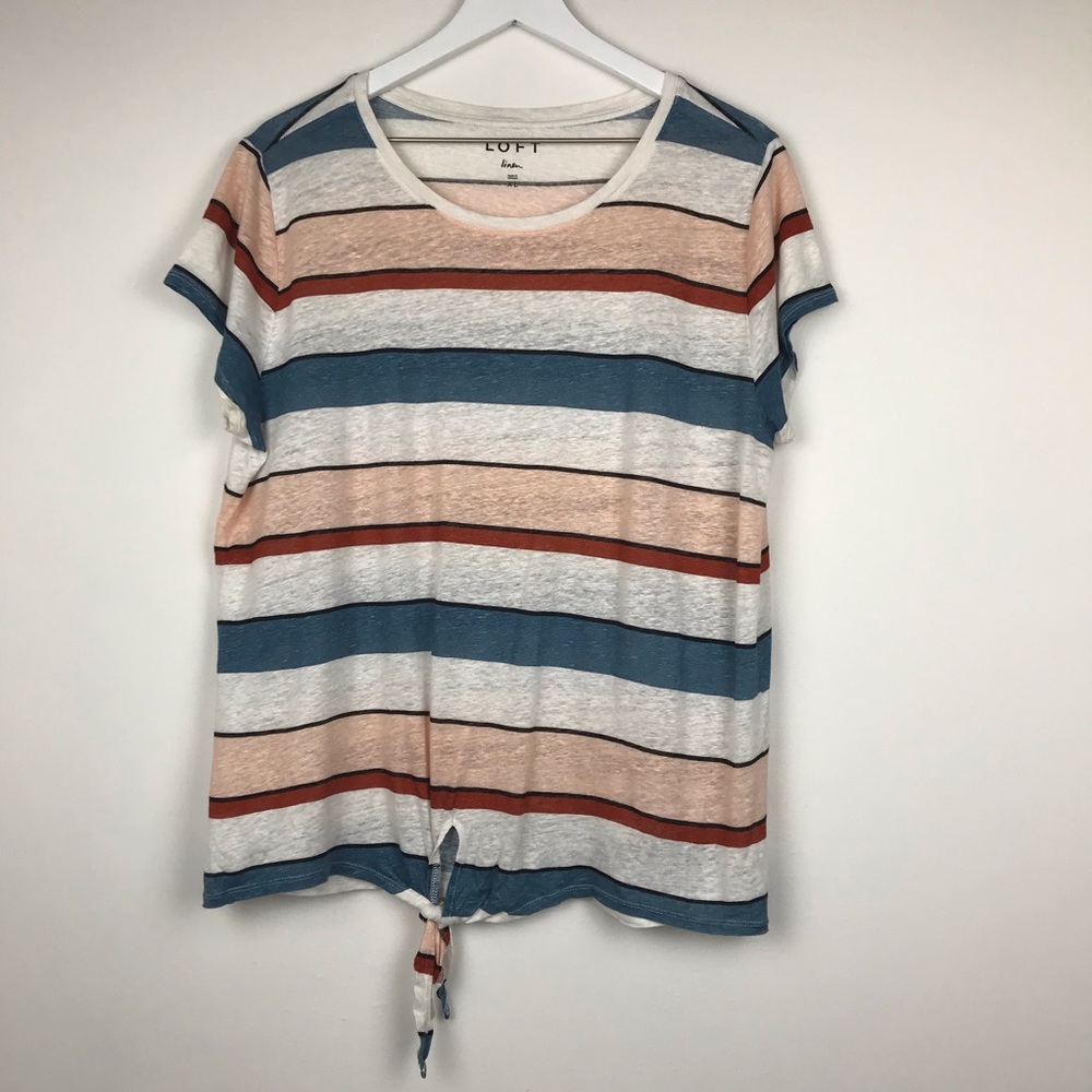 Loft 100% Linen Striped Top with Front Bottom Tie